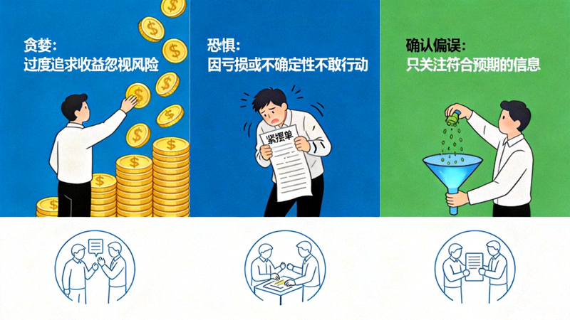 图示常见投注心理误区，如贪婪、恐惧、确认偏误